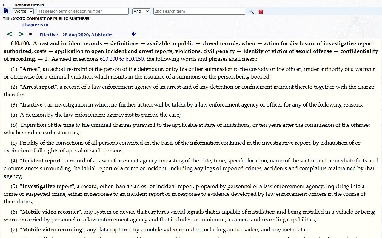 Pemiscot County arrest records Missouri arrest report access statute