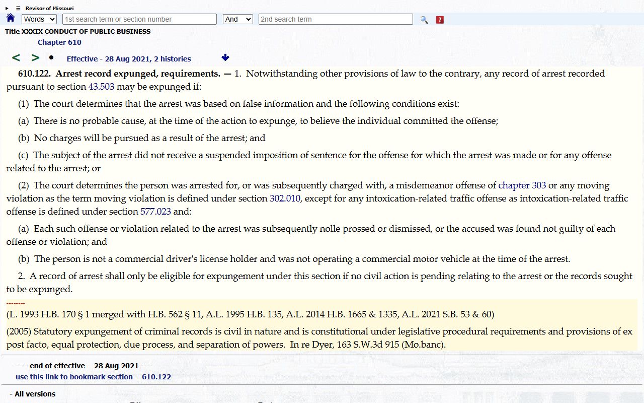 Pemiscot County arrest records Missouri arrest expungement statute