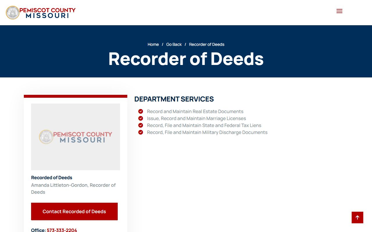 Pemiscot County marriage and divorce records Recorder of Deeds page