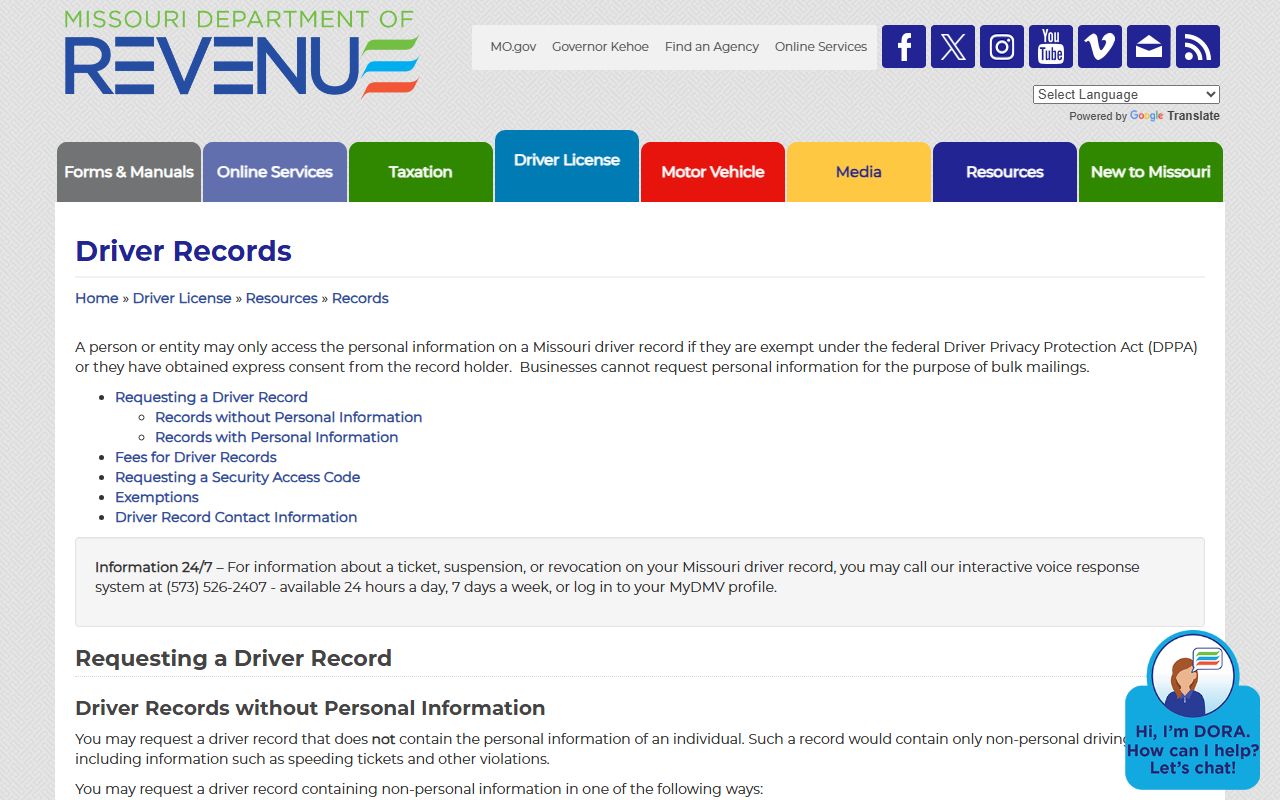 Pemiscot County traffic court records Missouri DOR driver record information