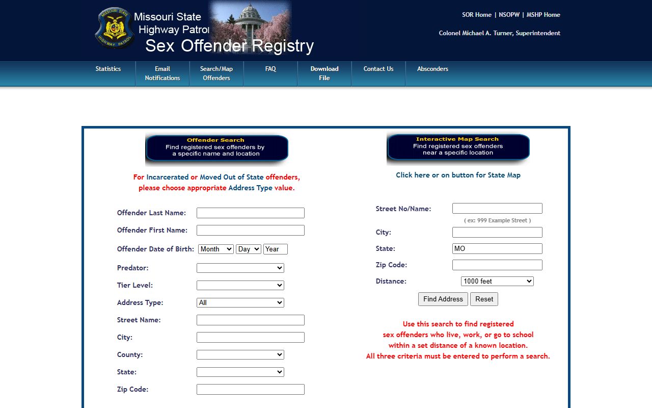 Pemiscot County warrant search MSHP sex offender registry fields